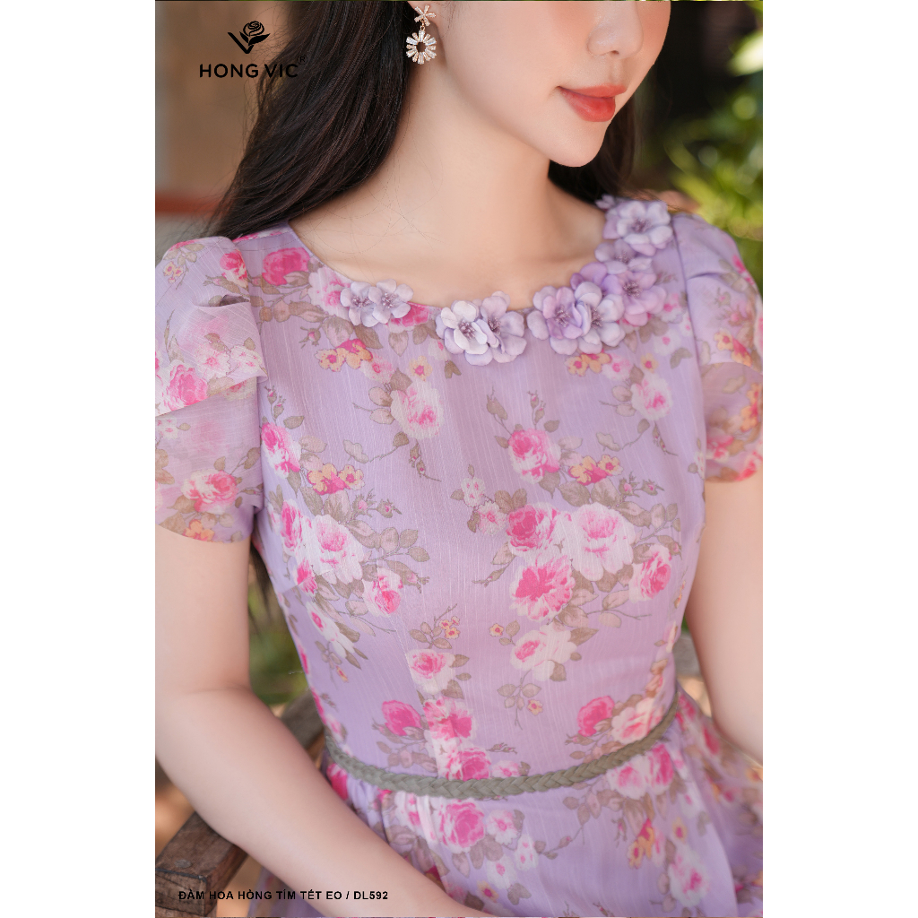Đầm nữ thiết kế Hong Vic hoa hồng tím tết eo DL592