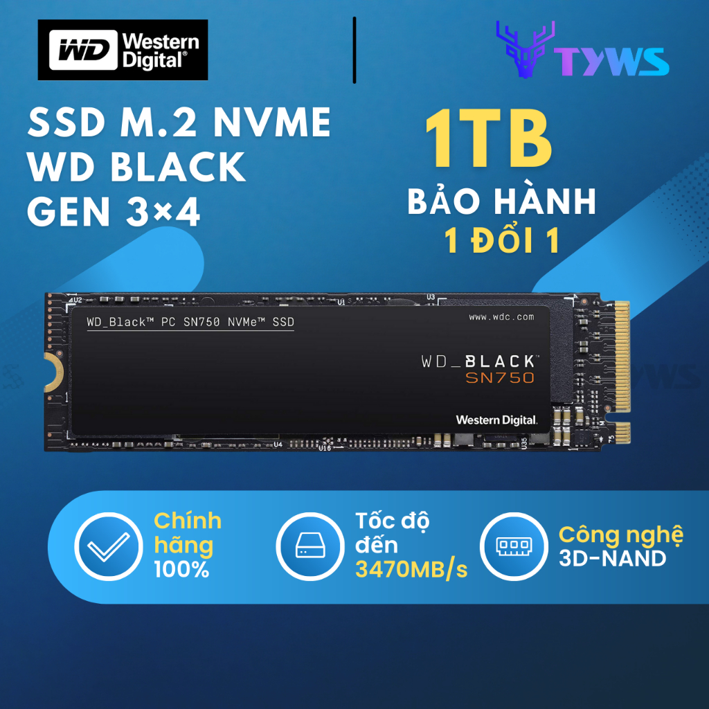 [600 TBW] Ổ Cứng SSD M.2 NVMe 1TB WD Black SN750 Western Digital Gen 3×4 - Bảo hành 1 đổi 1 SN7501TB