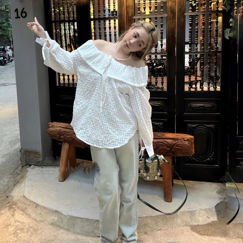 Áo Sơ Mi Baby Doll Trễ Vai Tay Dài Dáng Rộng Cho Nữ