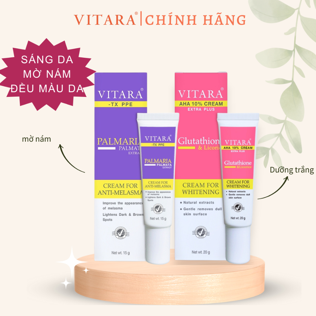 Combo kem thoa nám tàn nhang đồi mồi Vitara - TX PPE 15g và kem dưỡng trắng da AHA 10% Glutathione 20g Thái Lan