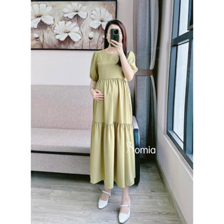 Váy bầu lụa xanh bơ dáng bbdoll