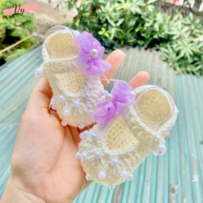 Giầy Công Chúa Cho Bé Gái. Giầy Len Handmade Cho Bé Sơ Sinh, Giầy Sơ Sinh, Giầy Bé Gái Đầy Tháng
