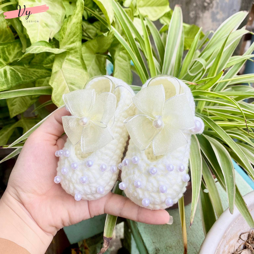 Giầy Công Chúa Cho Bé Gái. Giầy Len Handmade Cho Bé Sơ Sinh, Giầy Sơ Sinh, Giầy Bé Gái Đầy Tháng