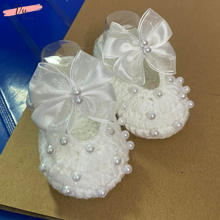 Giầy Công Chúa Cho Bé Gái. Giầy Len Handmade Cho Bé Sơ Sinh, Giầy Sơ Sinh, Giầy Bé Gái Đầy Tháng