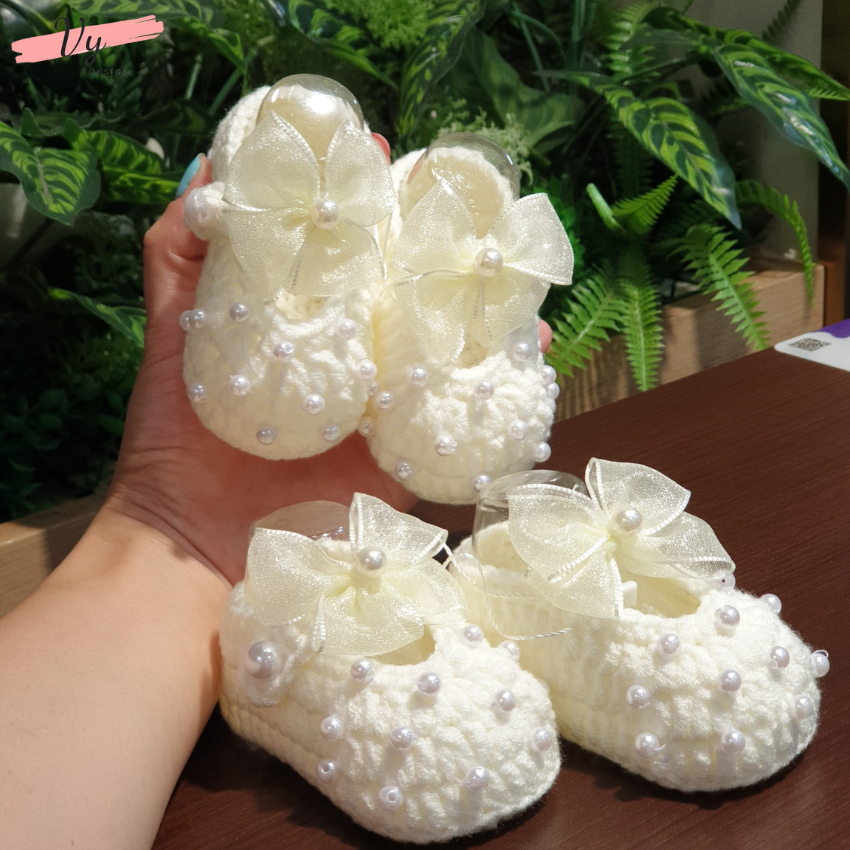 Giầy Công Chúa Cho Bé Gái. Giầy Len Handmade Cho Bé Sơ Sinh, Giầy Sơ Sinh, Giầy Bé Gái Đầy Tháng