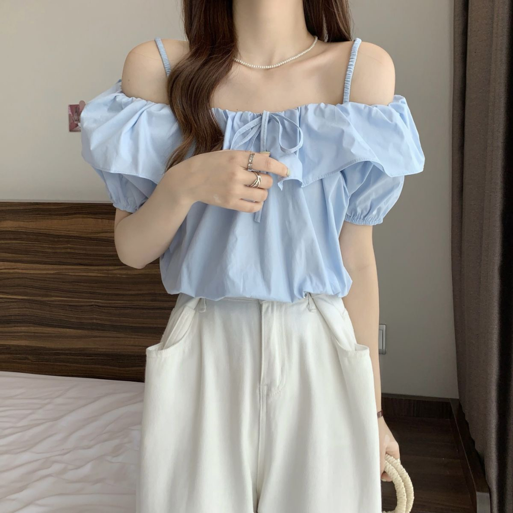 Áo 2 dây trễ vai cổ thuyền nhún bèo kiểu dáng vintage dành cho nữ