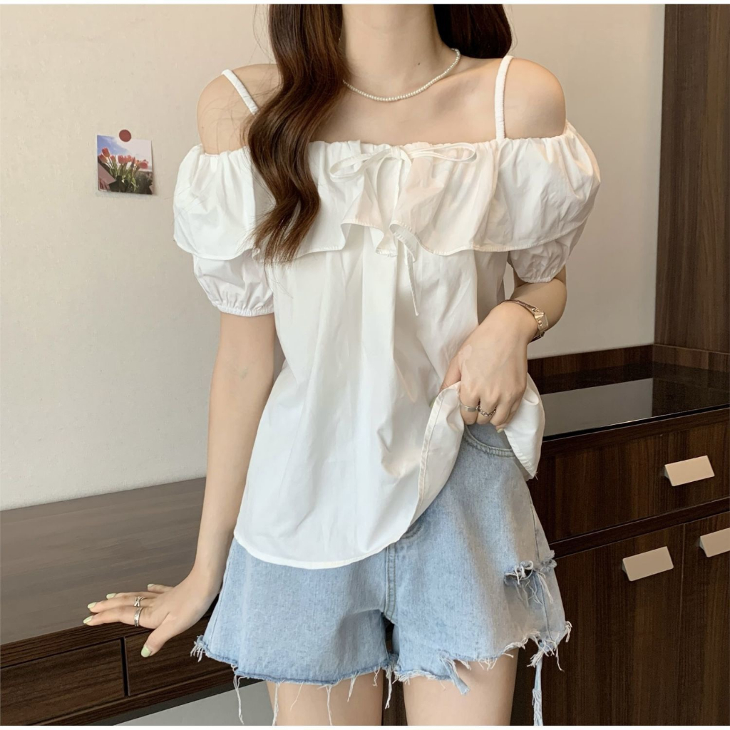 Áo 2 dây trễ vai cổ thuyền nhún bèo kiểu dáng vintage dành cho nữ