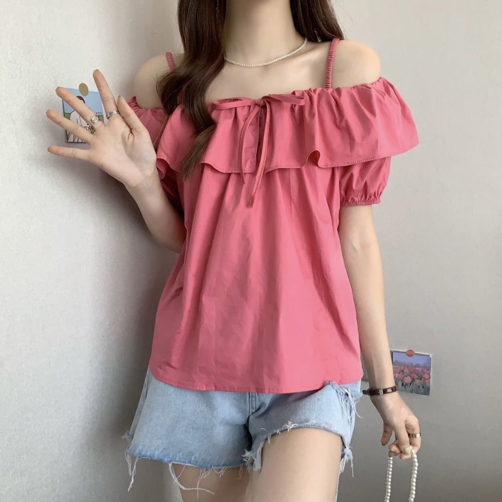 Áo 2 dây trễ vai cổ thuyền nhún bèo kiểu dáng vintage dành cho nữ