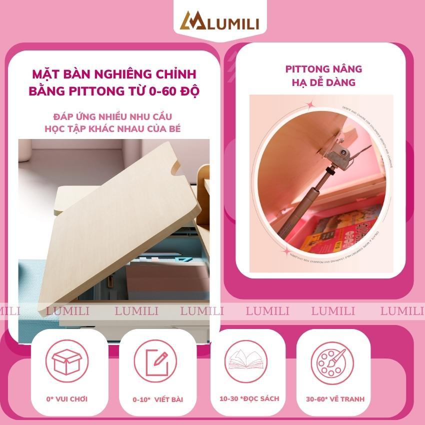 Bàn ghế thông minh chống gù, chống cận cao cấp size to 110cm kèm giá sách cho học sinh Lumili D110