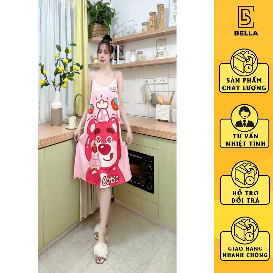 Váy đầm ngủ Bella.boutique0202 dây dễ thương, đồ ngủ lụa xước dáng rộng, đầm ngủ mặc nhà giá rẻ, đồ ngủ nữ cute gấu dâu