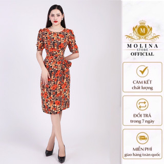 Đầm Thiết Kế Dáng Bút Chì Nữ Molina Phần Eo Thắt Nơ Chéo Hoạ Tiết Hoa, Chất Liệu Lụa Mềm Mịn