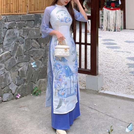 Áo Dài cách tân màu họa tiết hoa xanh đậu biếc chất gấm text cao cấp phối tay voan - Áo Dài Mai Linh