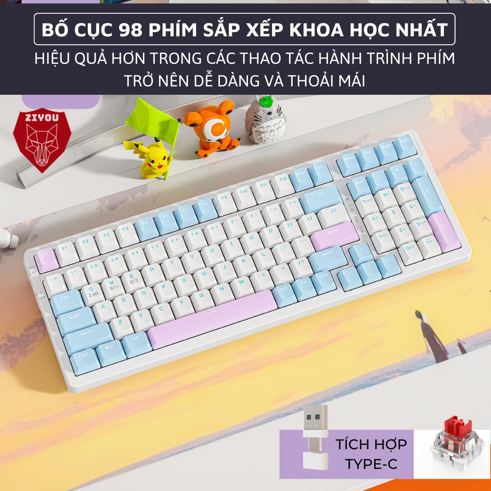 Bàn Phím Cơ Không Dây Bluetooth Ziyou K96BT Full SIZE Hotswap Trục Cơ Red Switch Cho Máy Tính, Laptop, Ipad