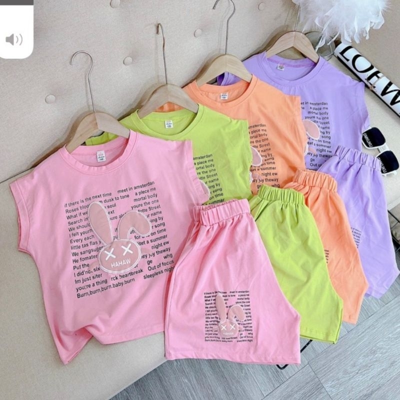 Bộ tay hến bé gái quần váy in thỏ chất cotton mịn mát co dãn 18-30kg