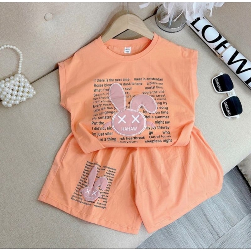 Bộ tay hến bé gái quần váy in thỏ chất cotton mịn mát co dãn 18-30kg