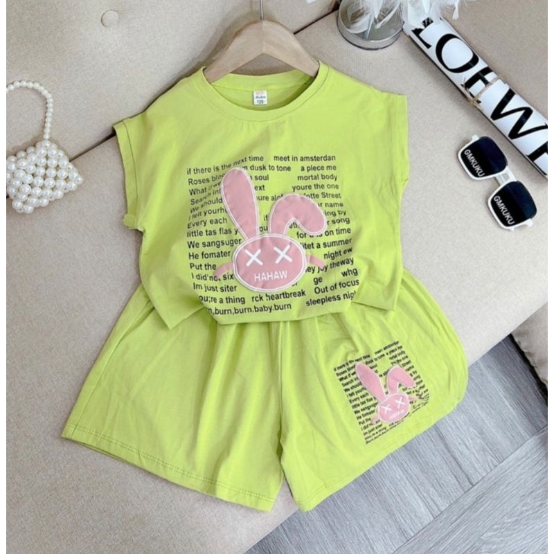 Bộ tay hến bé gái quần váy in thỏ chất cotton mịn mát co dãn 18-30kg