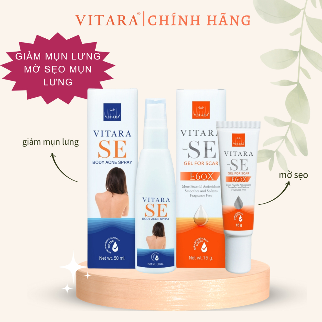 Combo xịt mụn lưng Vitara SE BODY ACNE SPRAY giảm thâm mụn mờ thâm 50ml và Kem mờ sẹo Vitara SE mờ sẹo thâm, sẹo mụn50ml