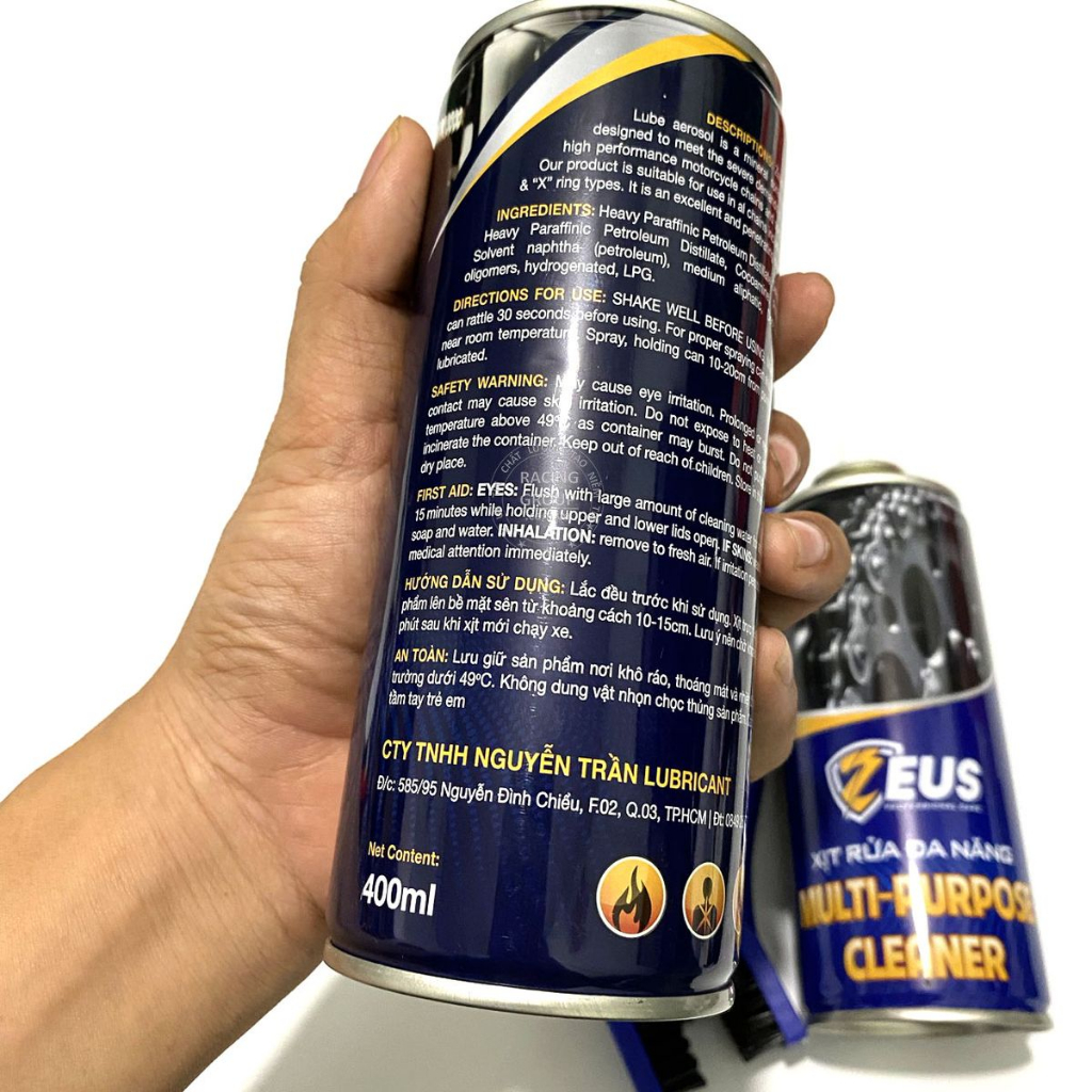 Chai xịt dưỡng sên Zeus Premium Chain Lube, chai vệ sinh sên Zeus Premium Chain Cleaner 400ml