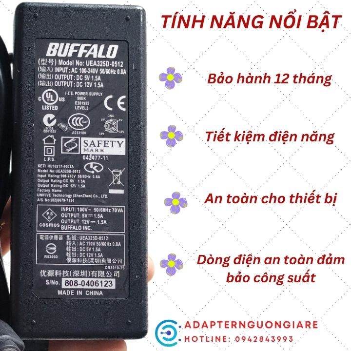Adapter nguồn Buffalo 5V/12V 1.5A đầu tròn 5 chân kim sử dụng cho HDD Box Buffalo