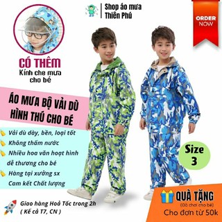 Áo mưa cho bé 3 tuổi, bộ quần áo mưa cho bé 4 5 6 tuổi, Có kính che mặt chắn nước, Vải dù cao cấp chống thấm, Size số 3.