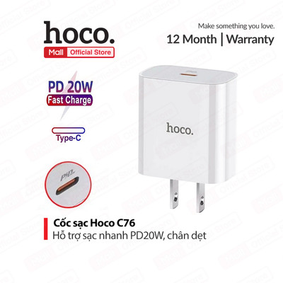 Củ sạc nhanh PD20W Hoco C76 sạc nhanh 3.0A 1 cổng Type-C chân dẹt