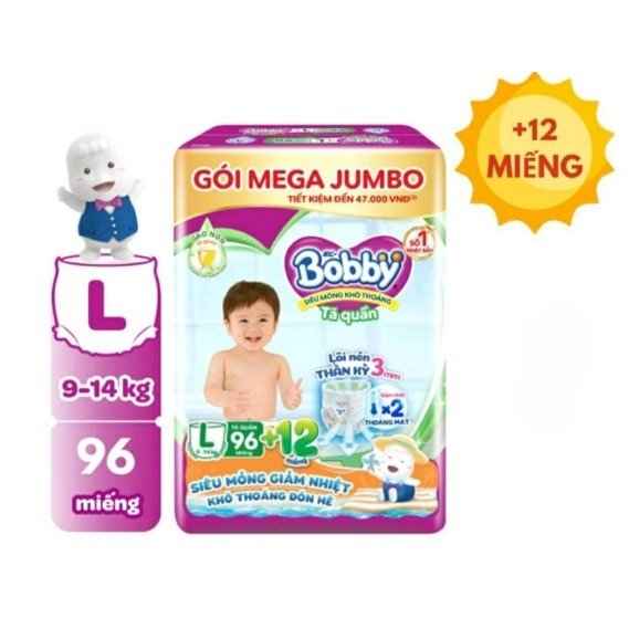 Tã/bỉm quần Bobby gói Mega Jumbo L96+12 MIẾNG