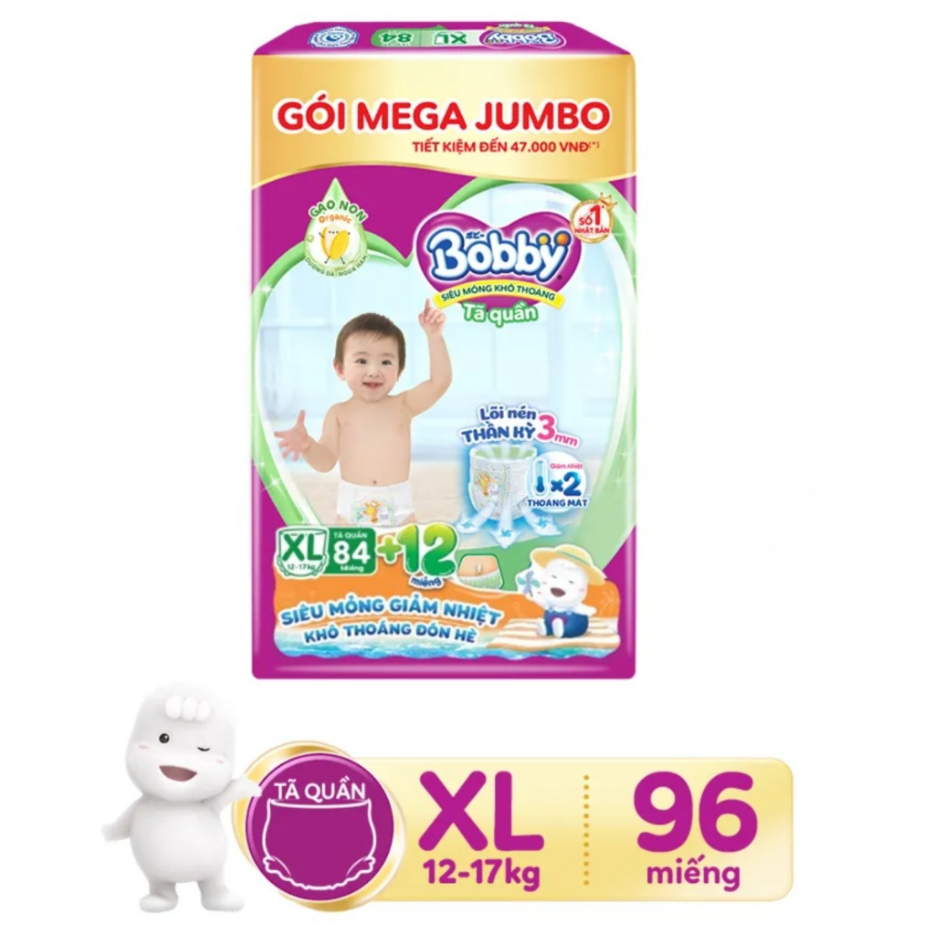 Tã/bỉm quần Bobby gói Mega Jumbo XL84+12 MIẾNG
