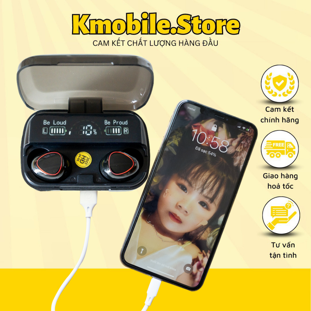 Tai nghe M10 kiêm sạc dự phòng, bluetooth không dây phiên bản pro nâng cấp pin trâu 3000mah, nút cảm ứng, màn hình led