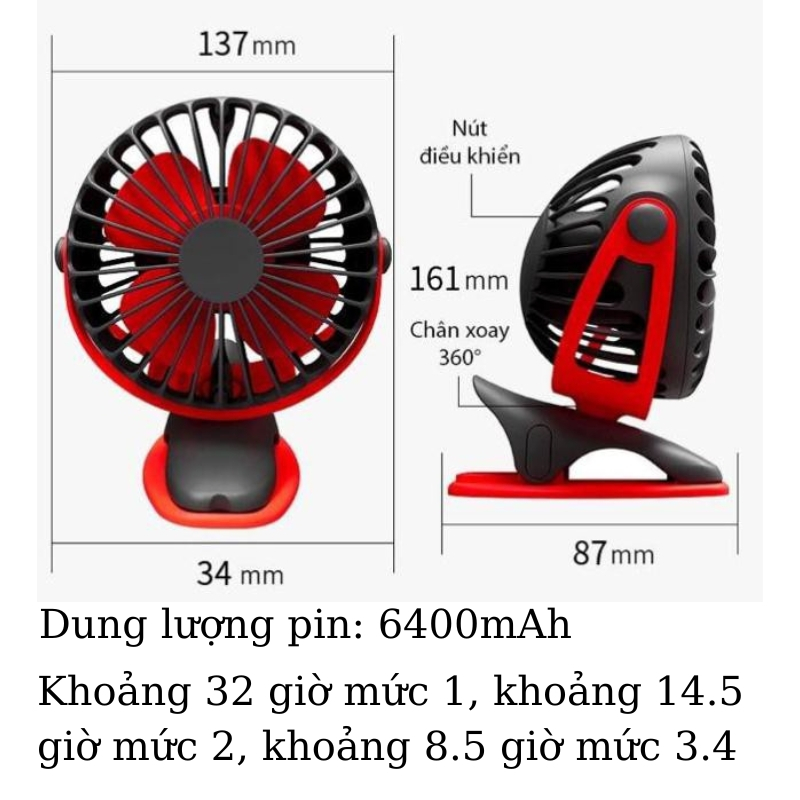 Quạt tích điện Yoobao pin 6400mah kẹp sạc mini dùng đến 32 tiếng. Bảo hành 2 năm