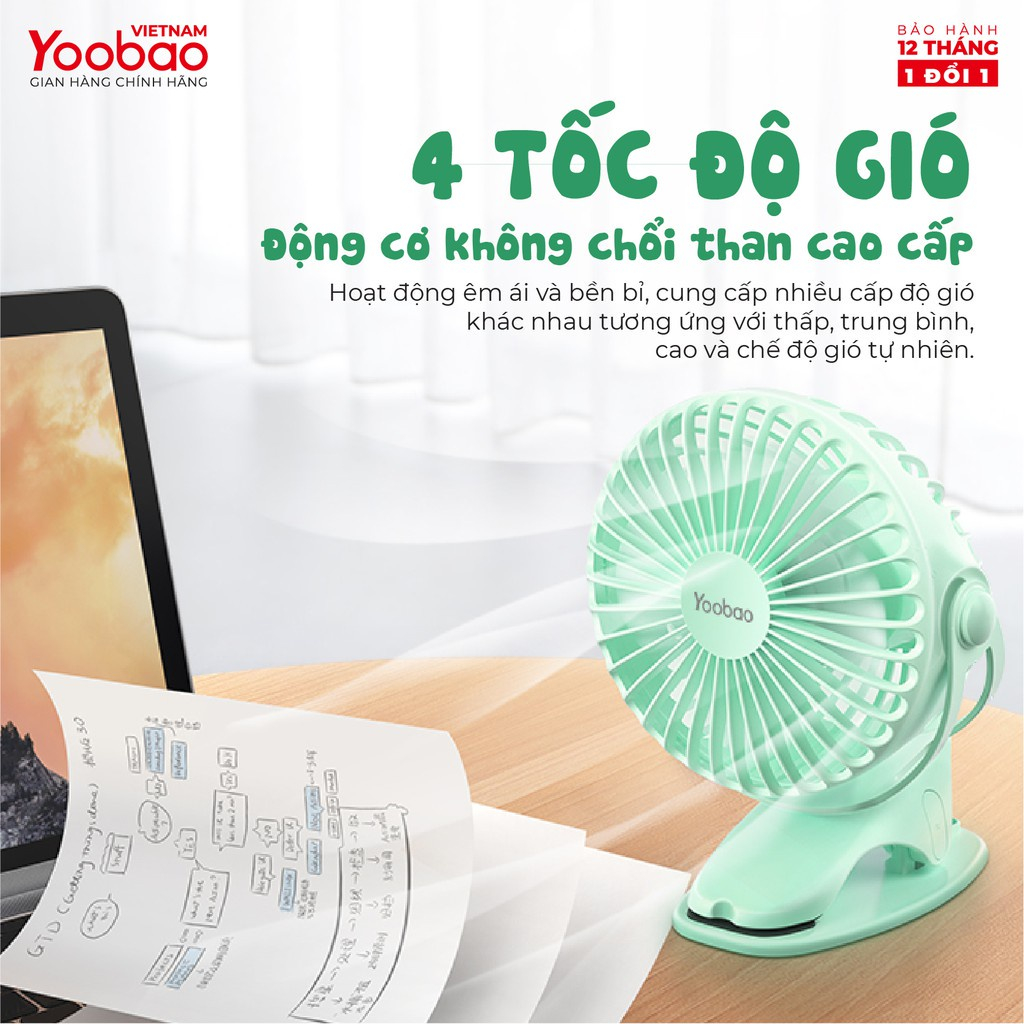 Quạt tích điện Yoobao pin 6400mah kẹp sạc mini dùng đến 32 tiếng. Bảo hành 2 năm