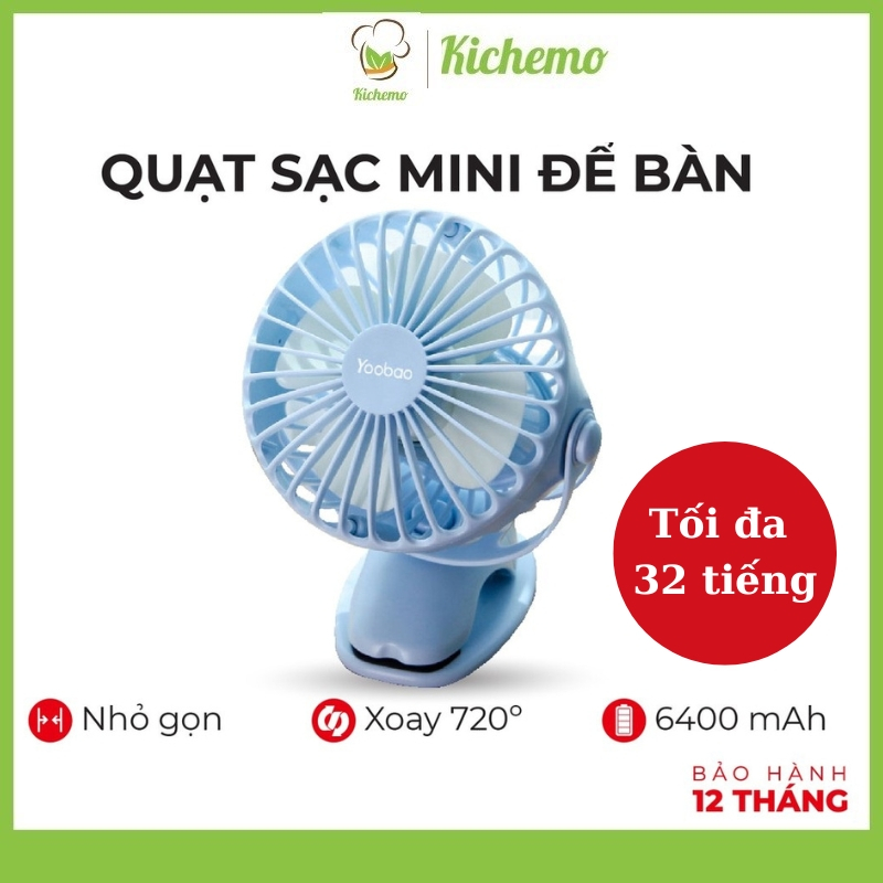 Quạt tích điện Yoobao pin 6400mah kẹp sạc mini dùng đến 32 tiếng. Bảo hành 2 năm