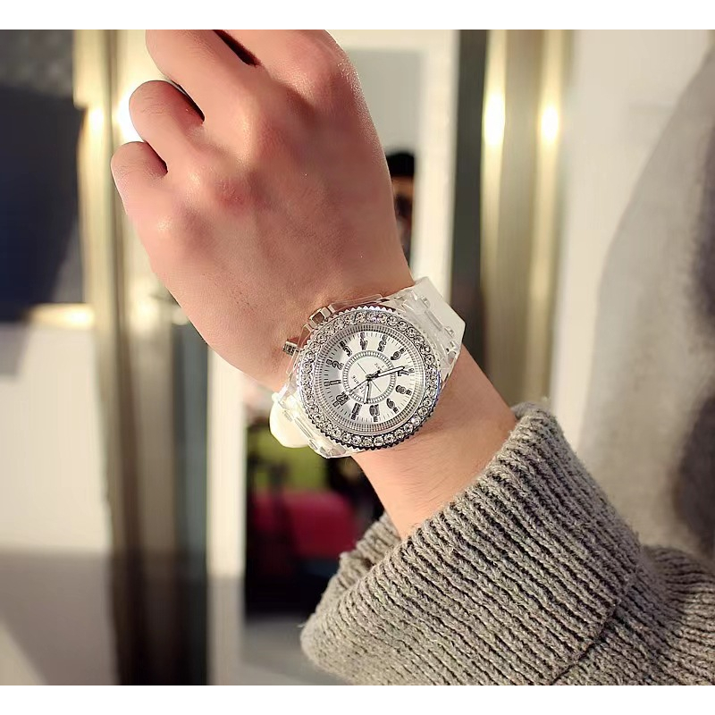 Đồng Hồ Đeo Tay Phát Sáng  Unisex nam nữ đeo đều được Mặt Tròn Dát Đá Có Đèn Nền LED Nền