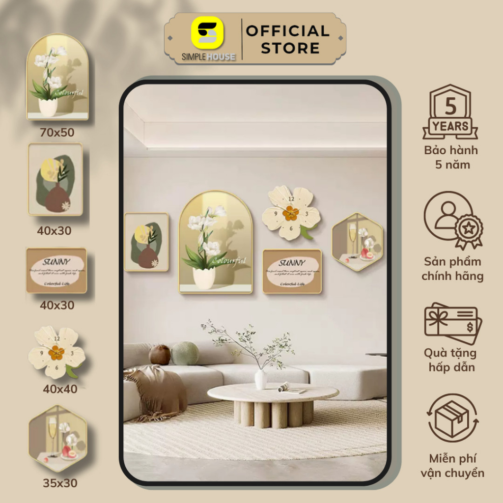 Tranh Tráng Gương Đồng Hồ Mix Match Bộ 5, Treo Tường/Decor Trang Trí Phòng Khách/Ngủ Phong Cách Bắc Âu - Simple Hou