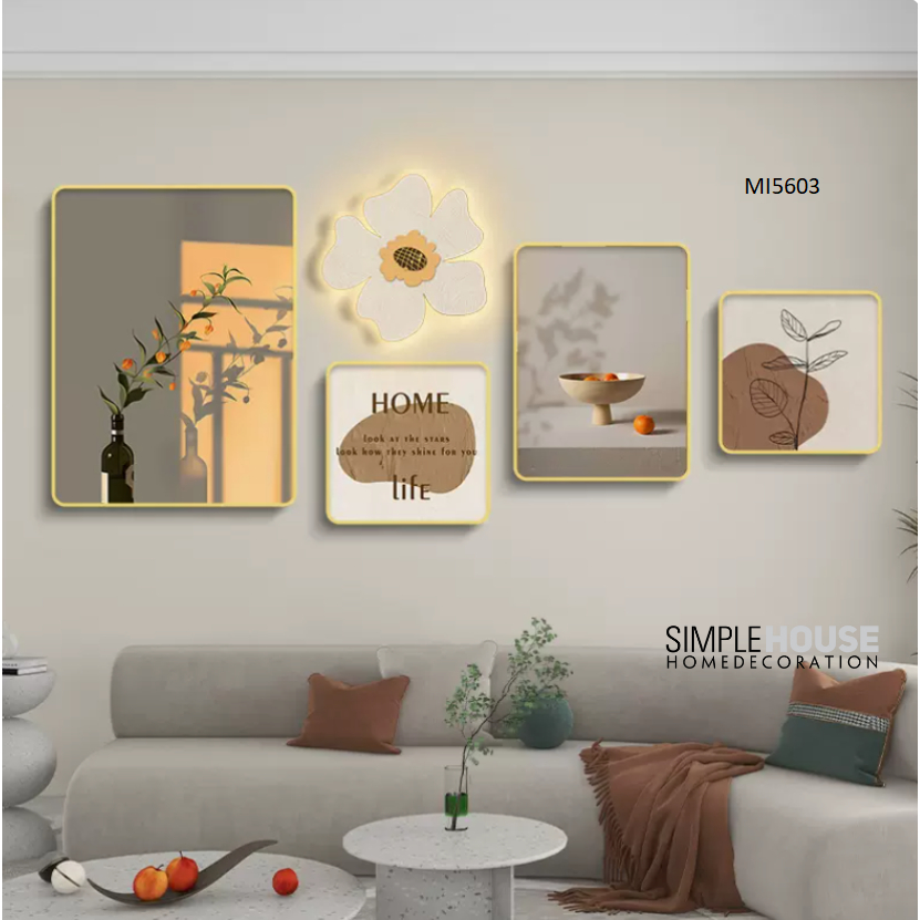 Tranh Tráng Gương Led Mix Match Bộ 5, Treo Tường/Decor Trang Trí Phòng Khách/Ngủ,Khung Composite  - Simple House