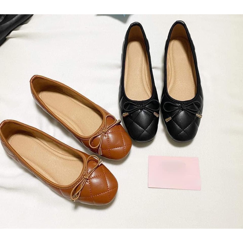 Giày búp bê bệt trám chần bông đính nơ nữ