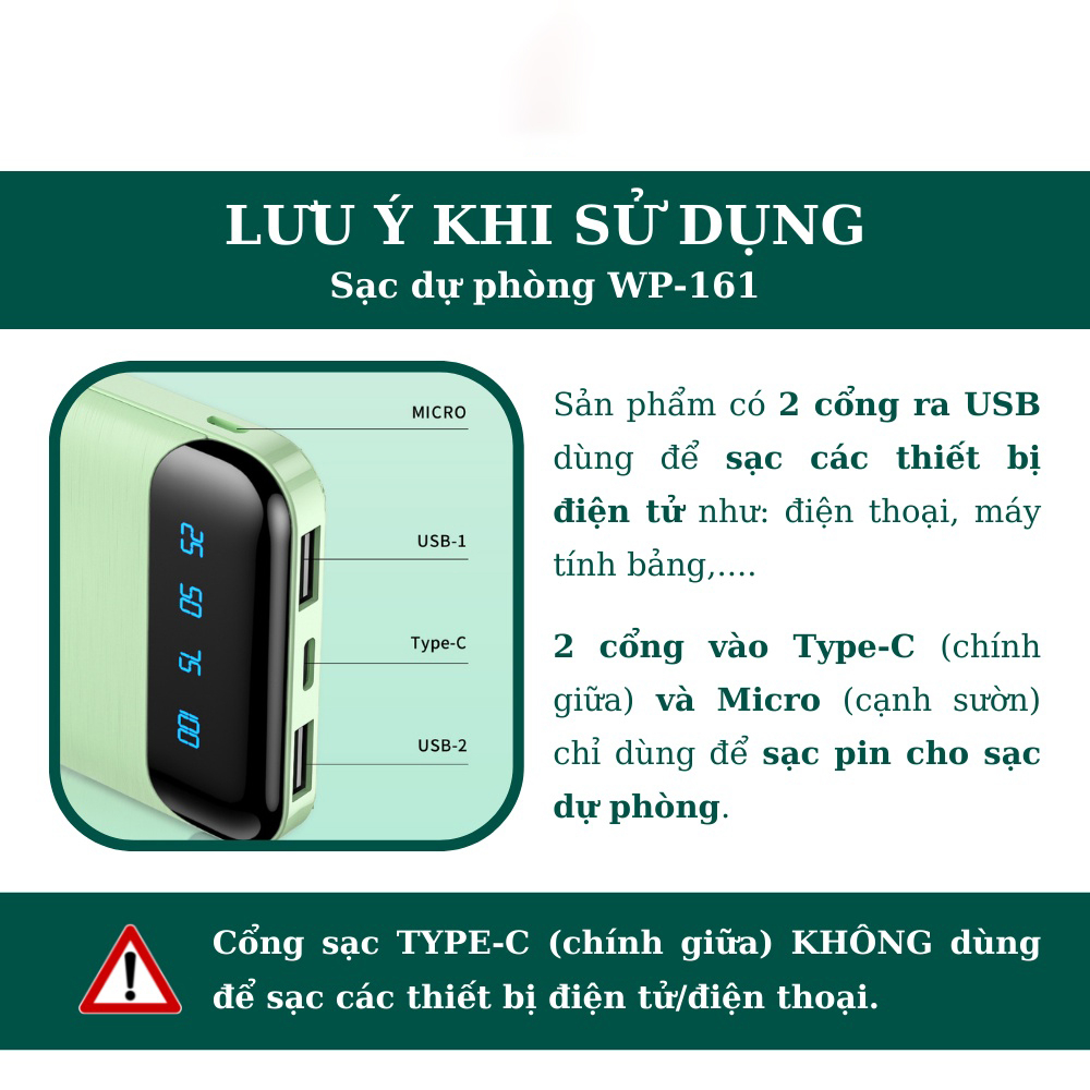 Sạc dự phòng WP-106 tích hợp màn hình Led Dung Lượng 10000MAH-20000MAH thiết kế nhỏ gọn,vẻ ngoài bắt mắt, chế độ sạc kép