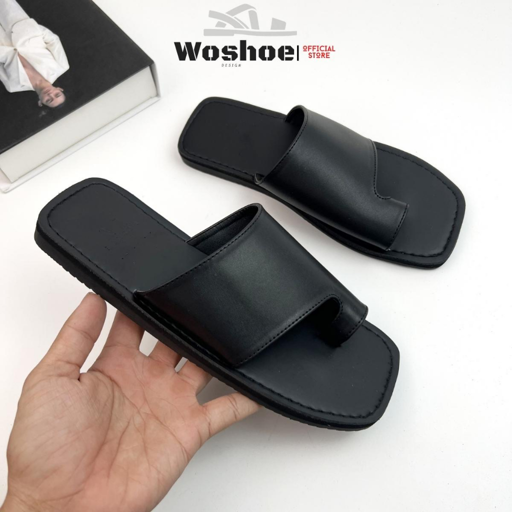 Dép quai ngang xỏ ngón WOSHOE đế bệt mũi vuông cao cấp size 34-44