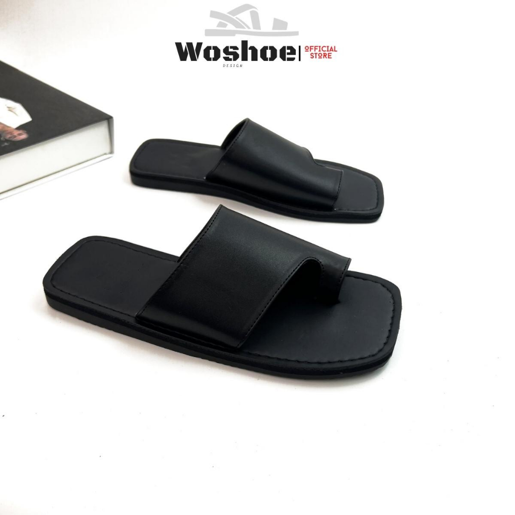 Dép quai ngang xỏ ngón WOSHOE đế bệt mũi vuông cao cấp size 34-44
