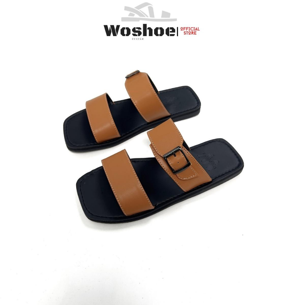 Dép sandal quai ngang 2 dây khóa kiểu WOSHOE mũi vuông đế bệt size 34-44 nam nữ
