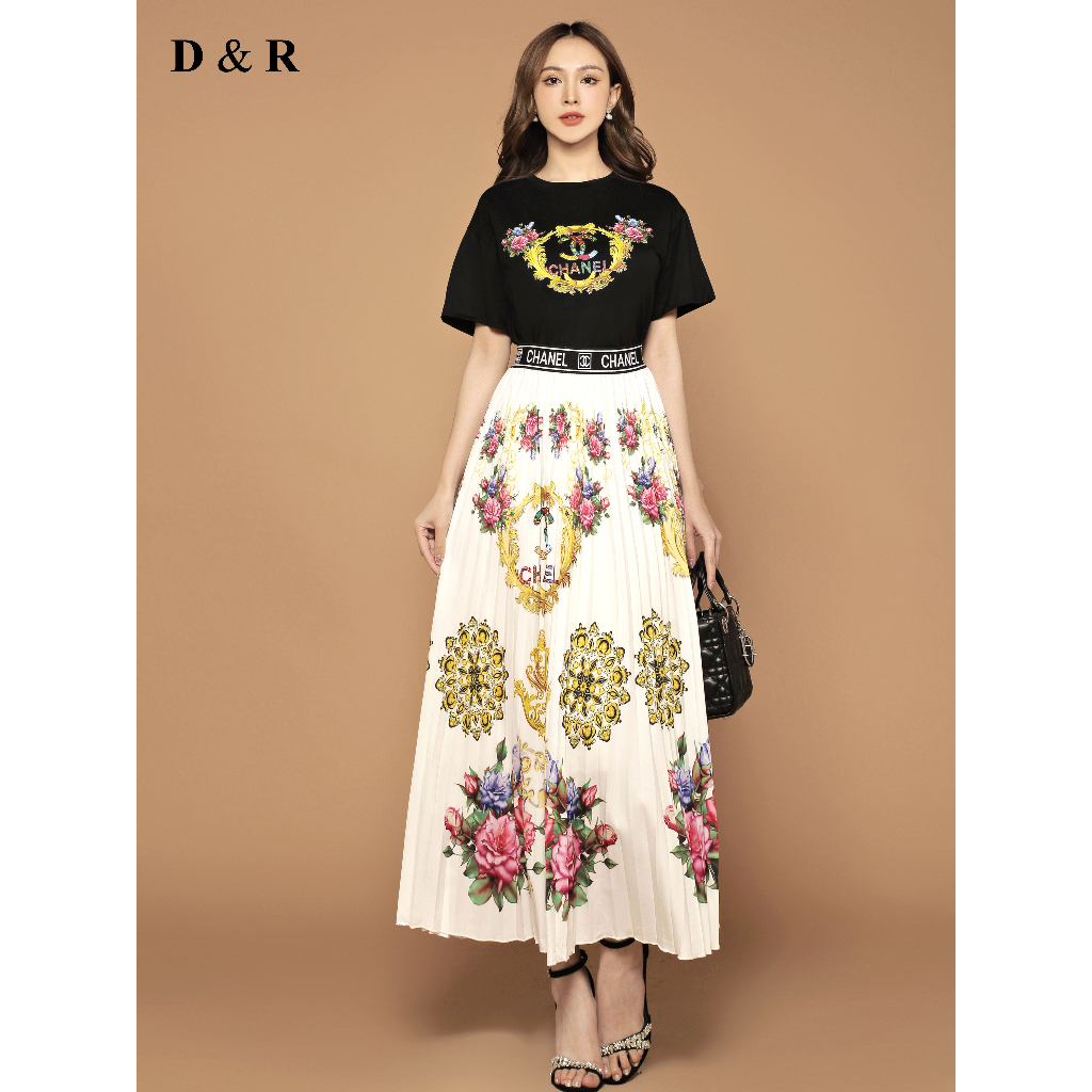 Set chân váy xếp ly áo thun họa tiết hoa Quảng Châu cao cấp D&R Fashion S031