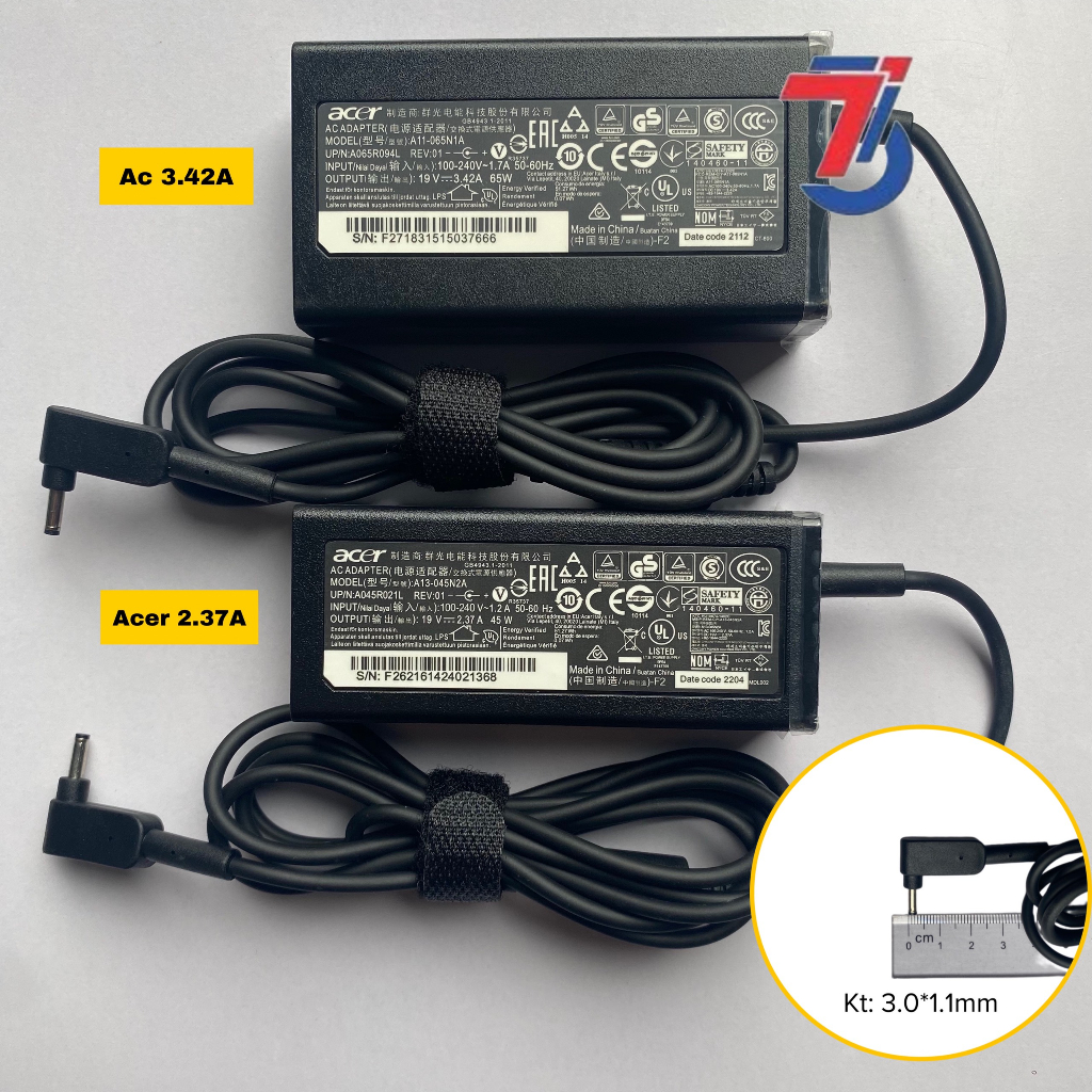 Sạc Máy Tính Laptop3T ACER 19V-2.37A ; 19V-3.42A  Chân Cắm 3.0*1.1MM Loại Tốt Bảo Hành 12 Tháng