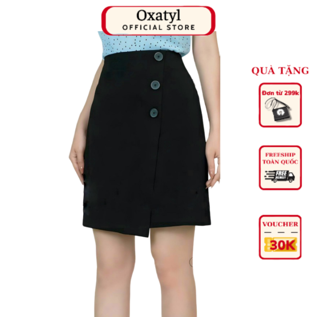 Chân váy ngắn chữ A mặc trên gối Oxatyl CV333 phối 3 cúc có lót quần trong