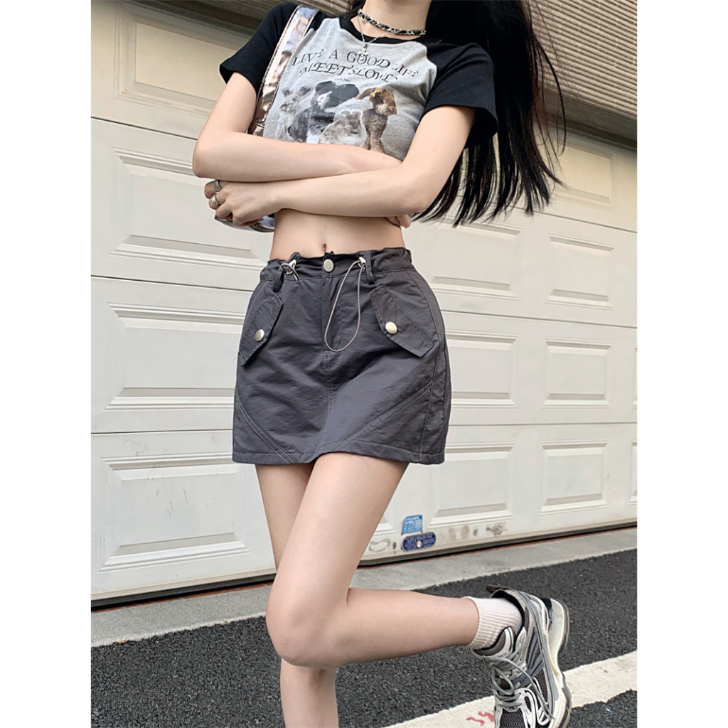 Chân váy dù ngắn rút dây túi nắp màu xám, trắng, kaki, đen
