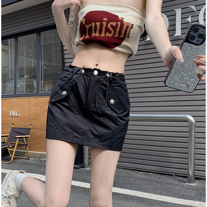 Chân váy dù ngắn rút dây túi nắp màu xám, trắng, kaki, đen