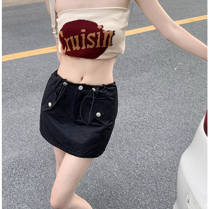 Chân váy dù ngắn rút dây túi nắp màu xám, trắng, kaki, đen