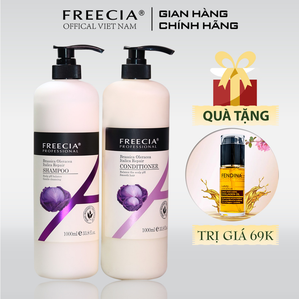 Cặp gội xả cân bằng pH và phục hồi tóc hư tổn FREECIA BRASSICA OLERACEA 1000ml, Tặng tinh dầu fendina cao cấp 65ml