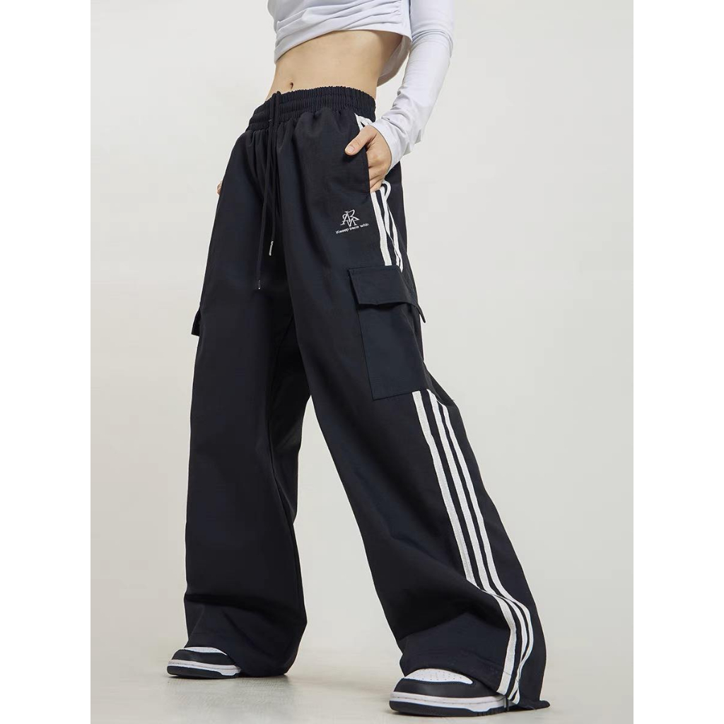 Quần ống rộng túi hộp Miuzi phối kẻ sọc phong cách thể thao,Quần gió ống rộng phong cách hip hop DT207