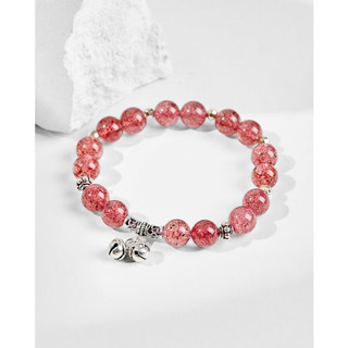 Vòng tay thạch anh dâu hồng charm bạc 925 chuông tài lộc may mắn phong thủy Udumbara