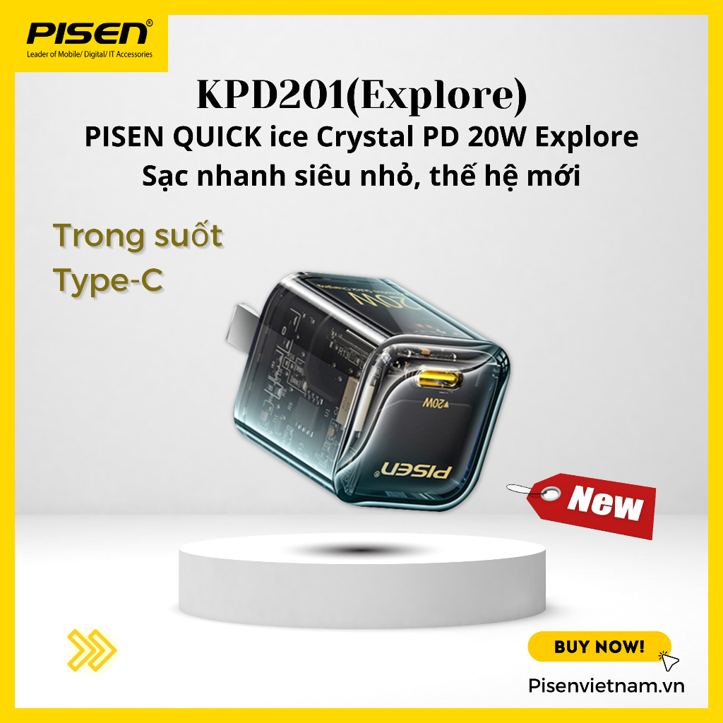 Cóc sạc nhanh PISEN Quick Ice Crystal PD 20W Explorer, siêu nhỏ, vỏ ngoài trong suốt lộ main, Hàng chính hãng