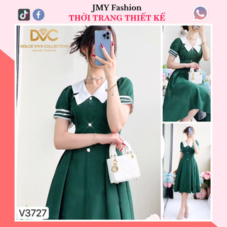 V3727 Váy xanh xoè phối cổ lá trắng tiểu thư [Dolce Viva Colection (DVC)] váy đầm xoè xanh midi công sở